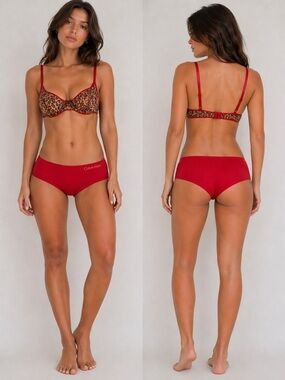 DKNY Red and Leopard Print Bra/Calvin Klein small Hipster bottoms